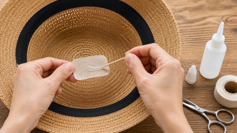 麦わら帽子の内側に使う補修布へ、つまようじで接着剤を薄く広げている様子