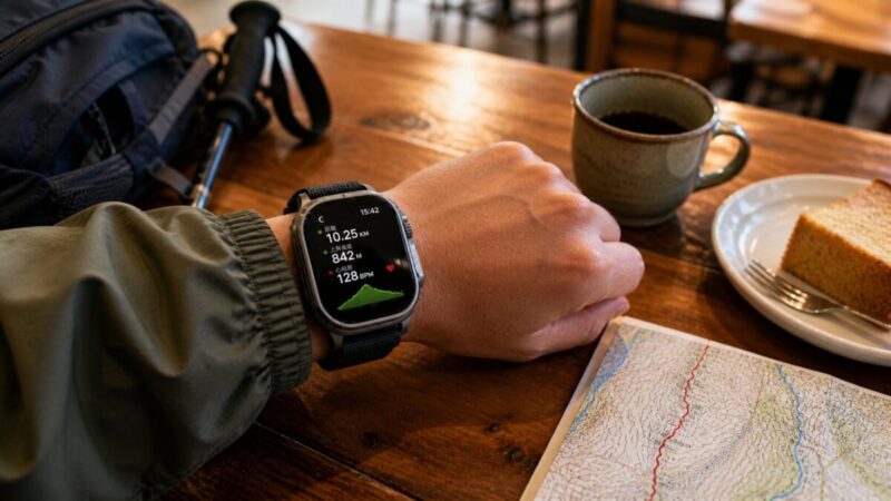 登山後にワークアウト記録を確認するスマートウォッチ