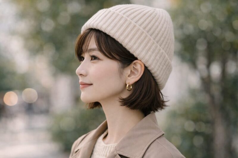 ニット帽をかぶった横顔で、前髪が崩れにくい位置を確認しているイメージ写真