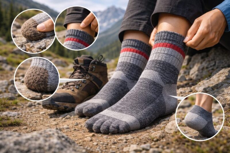 登山用ソックスの厚みやクッション性が分かる足元のクローズアップ