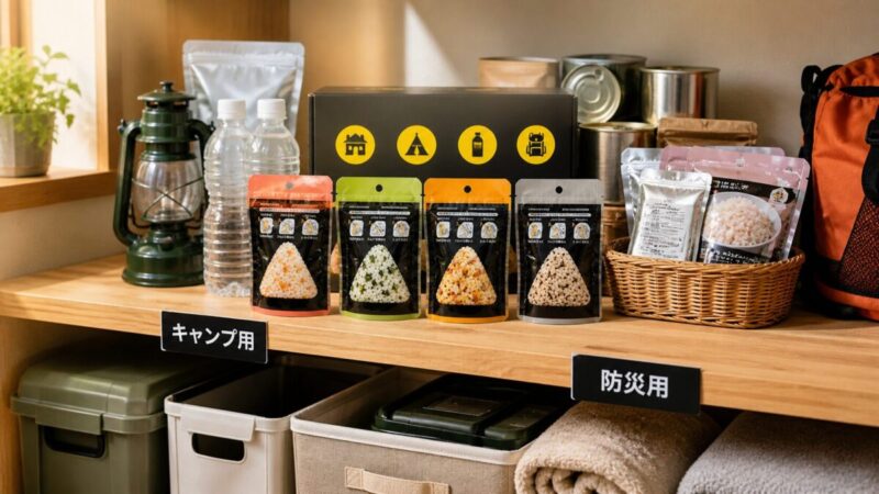非常食おにぎりや水や防災用品を収納棚に整理して備えている様子