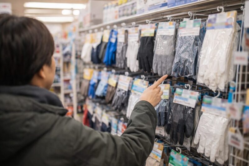 衣料小物や掃除用品など複数コーナーに分かれる手袋売り場を探すイメージ