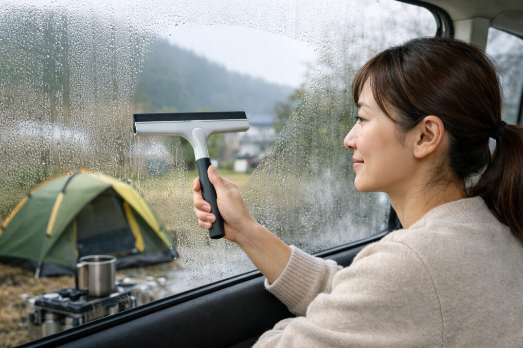 結露で曇った窓をワイパーで拭き取り、視界がクリアになっていく様子