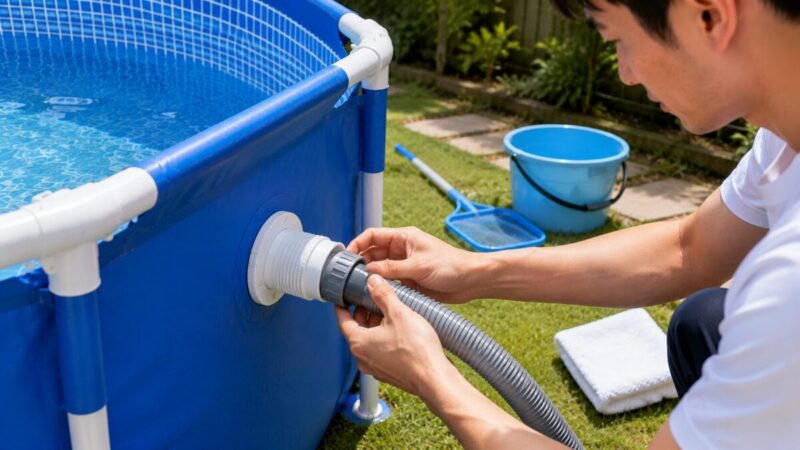 家庭用プールの排水口へホースアダプターを接続する様子