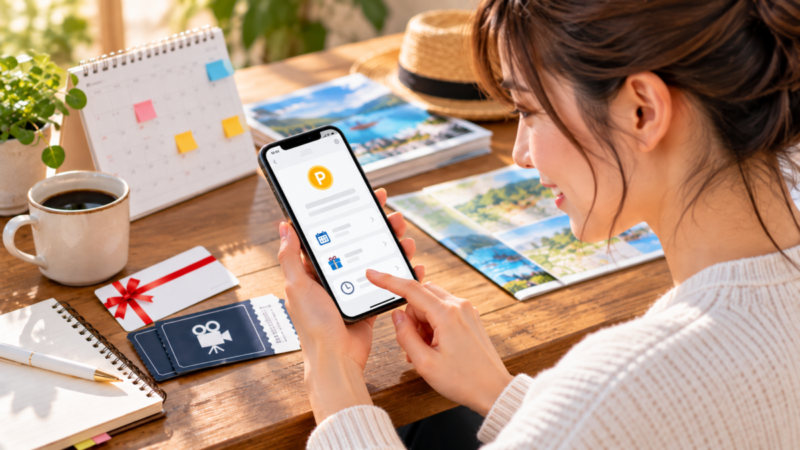 スマートフォンでポイントの有効期限を確認し利用予定を考える女性