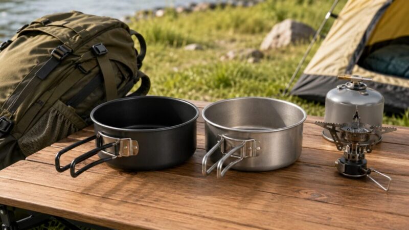 黒い加工タイプと銀色の無加工タイプのコッヘルを登山道具と並べた比較シーン