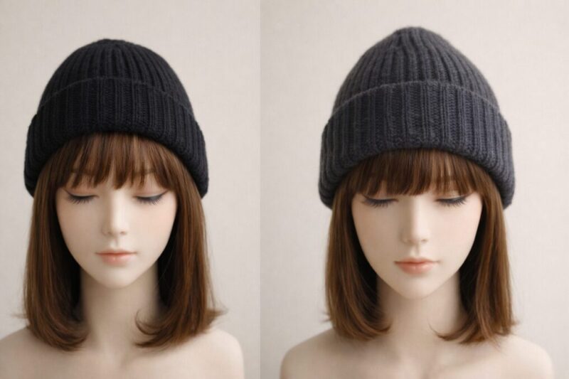 ニット帽を浅め・深めにかぶせたマネキン頭部を並べ、前髪の潰れ方の違いが分かる比較写真