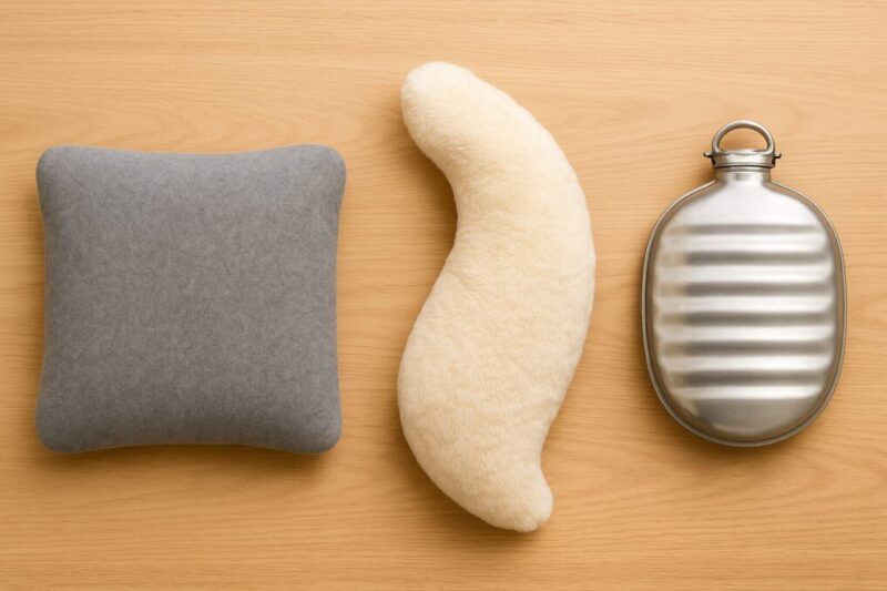 形の違う湯たんぽ3タイプを並べて比較しているイメージ