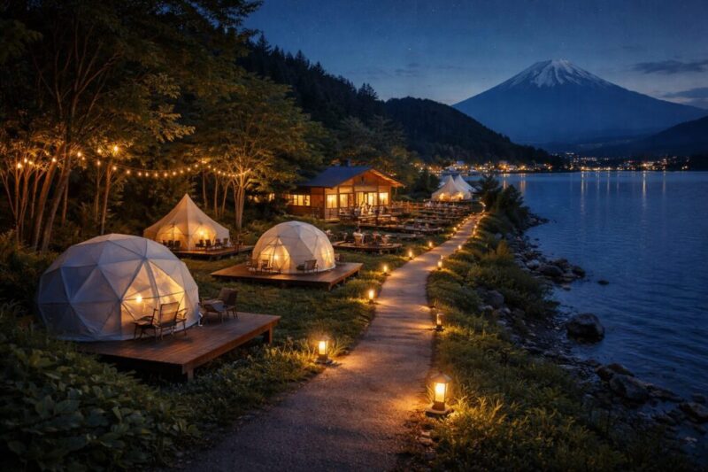 湖畔近くのグランピング施設で、夜道の照明や管理棟が見える様子