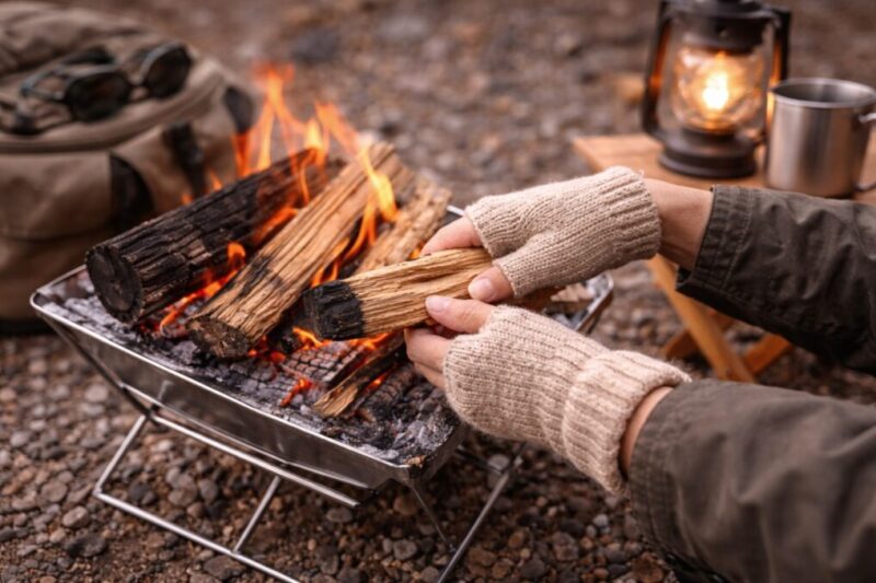 指なし手袋を着けた手が焚き火台に薪をくべて、屋外での使い勝手を確認している様子。