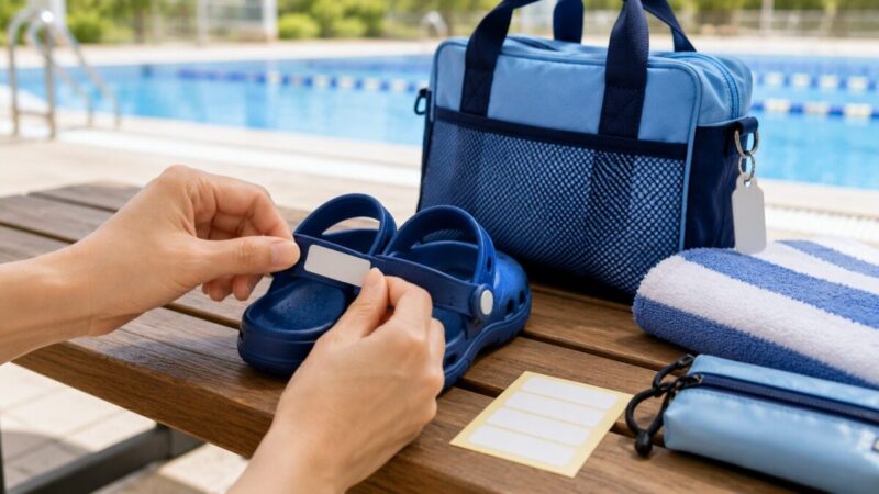 子ども用のサンダルに防水シールを貼り、水泳バッグとタオルを準備する手元