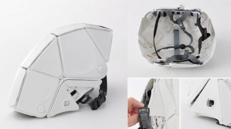 折りたたみ防災ヘルメットの外装パネルや内装ハーネス、あご紐の構造を確認するイメージ
