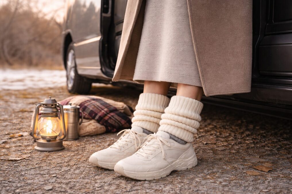 冬の外遊びや車中泊でレッグウォーマーとスニーカーを合わせた防寒コーデの足元