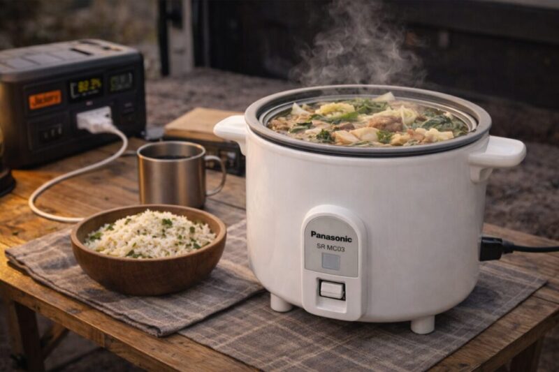 小型炊飯器で鍋風の簡単調理をしながら、横にご飯やマグカップを並べた食事シーンのイメージ