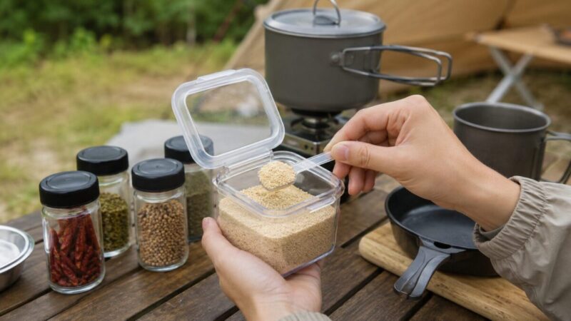 スプーン付きの調味料容器から粉末調味料をすくうキャンプ調理の様子