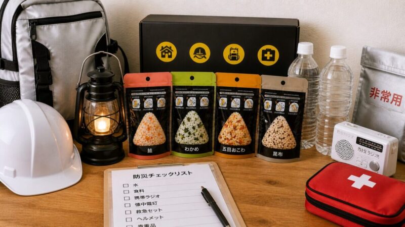 防災バッグや水と一緒に非常食おにぎりを備えている様子