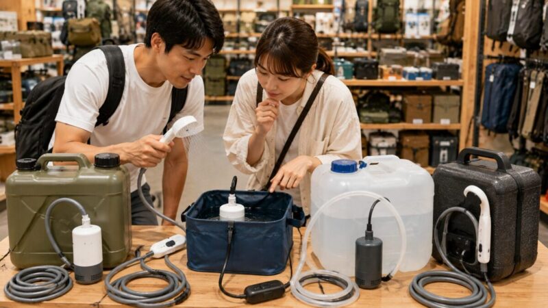 アウトドア用品店で簡易シャワーとポリタンクの組み合わせを比較する男女