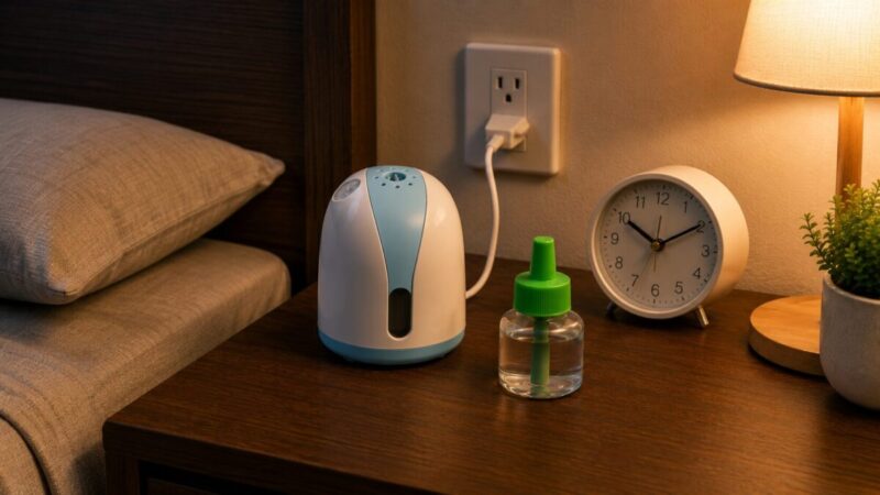 寝室でリキッド式の電気蚊取り器と薬剤ボトルを置いて長時間使用を確認する様子