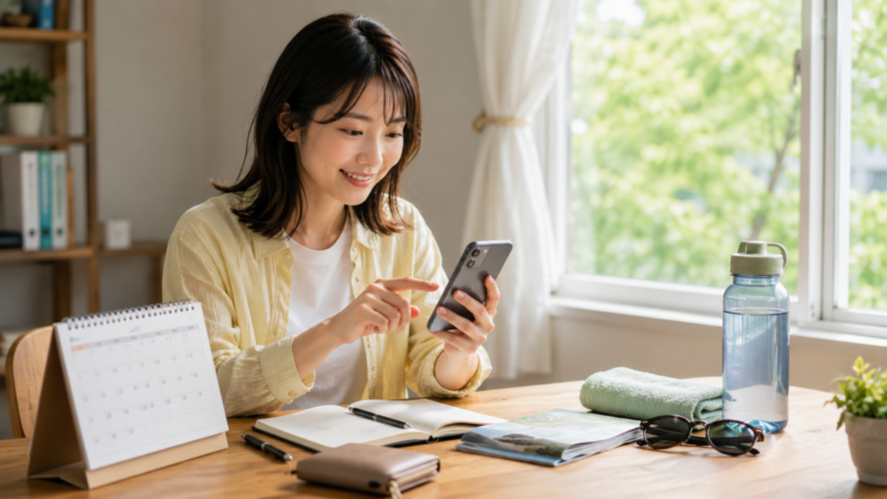 スマートフォンとカレンダーを見ながら次の外遊びを予約する女性