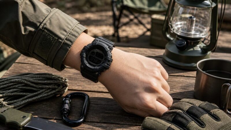 自衛隊風装備に合う黒いタフウォッチを着けた手元
