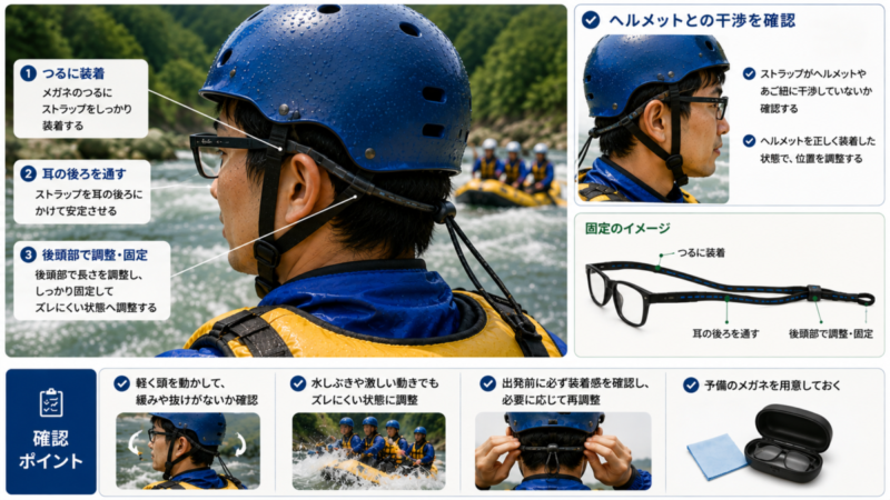 ラフティングでメガネバンドをつるに装着し耳の後ろから後頭部へ固定する方法