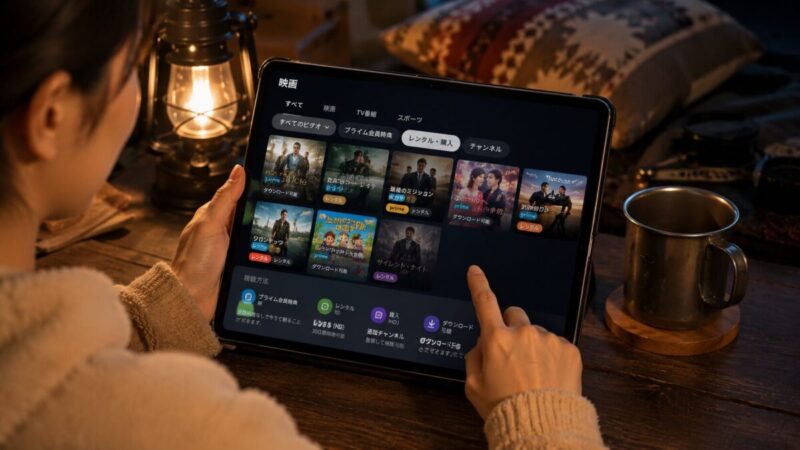 ランタンの灯りがある車内で、タブレットの動画一覧から観たい作品を選ぶ女性