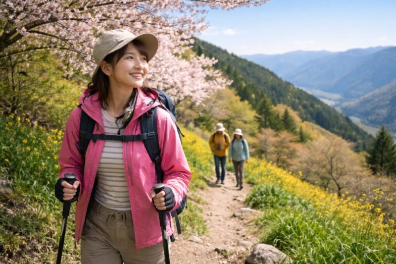 春の登山道を歩く女性ハイカーと、季節の花が咲く山の風景