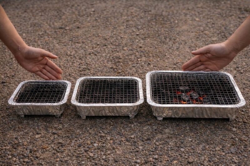 大きさの違うアルミトレー型の簡易コンロを並べ、焼き面サイズを見比べている様子