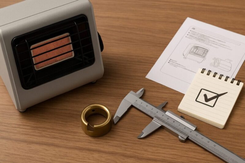 カセットガスストーブの接続部品をノギスで測り、取扱説明書とメモを横に置いて互換性の確認をイメージした写真