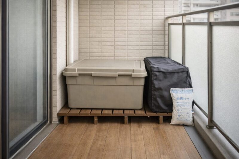 ベランダの隅で防水ボックスを底上げし、湿気対策をしながらキャンプ用品を保管している様子