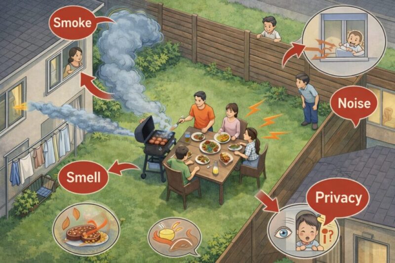 庭バーベキューで迷惑につながりやすい要因を示した俯瞰図