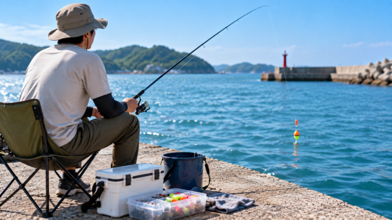 堤防でウキ釣りをしながら仕掛けケースや釣具を足元に置いている様子