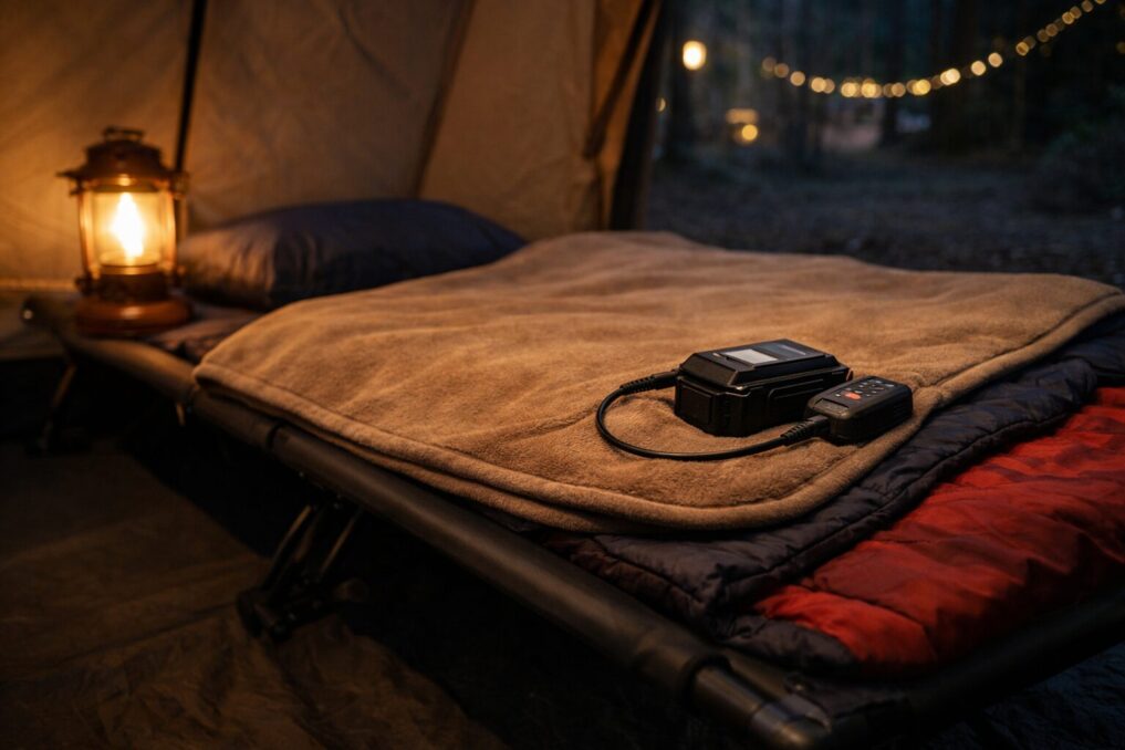 冬キャンプのテント内で電気毛布とバッテリーを使い就寝準備している様子