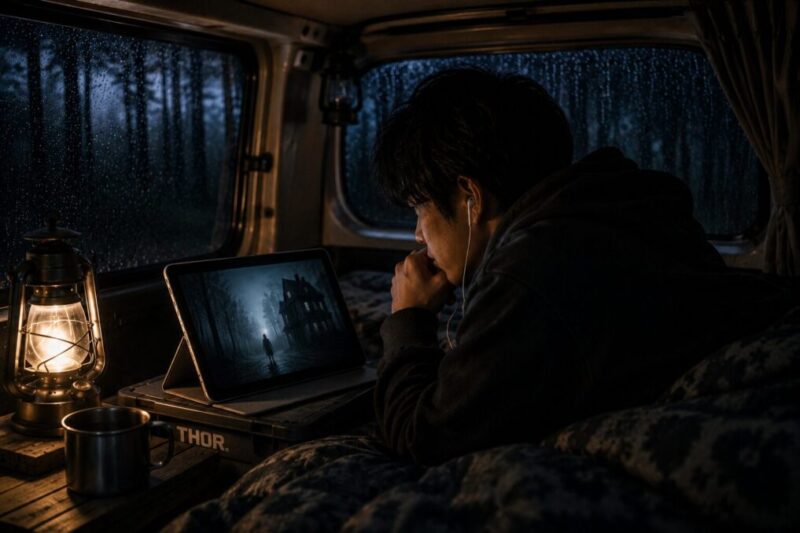 雨の夜の車中泊で、タブレットのホラー映画風映像をイヤホンで観る男性