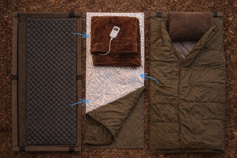コットの上に敷く断熱シートとマット、電気毛布と寝袋の重ね方が分かる寝具レイヤー例