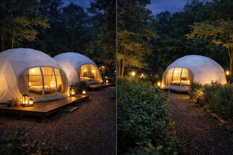 ドームテント同士の距離と植栽の有無で音の感じ方が変わるイメージ