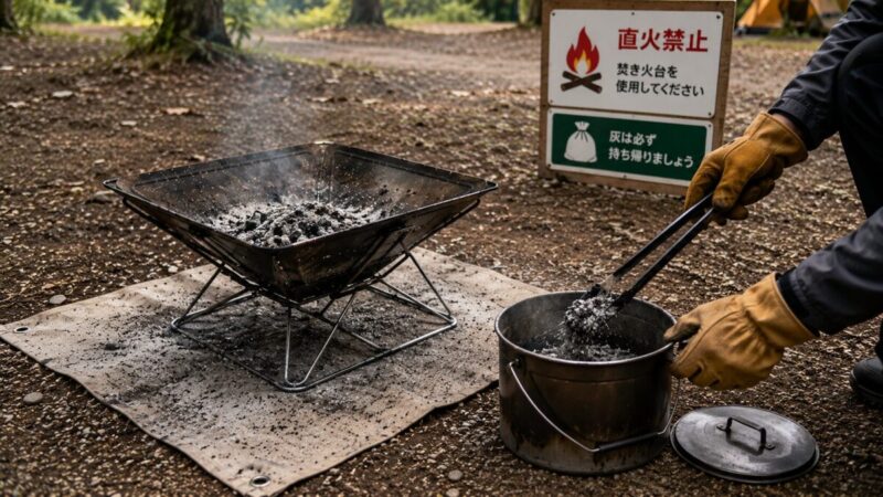 キャンプ場で焚き火台を使い、冷めた灰を金属容器へ移して持ち帰る準備をする様子