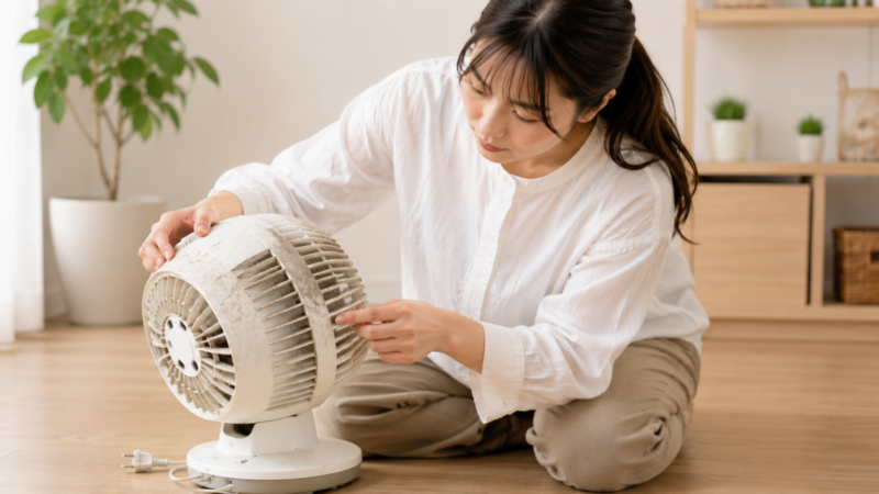古いサーキュレーターの汚れや本体の状態を確認して故障サインを点検する様子