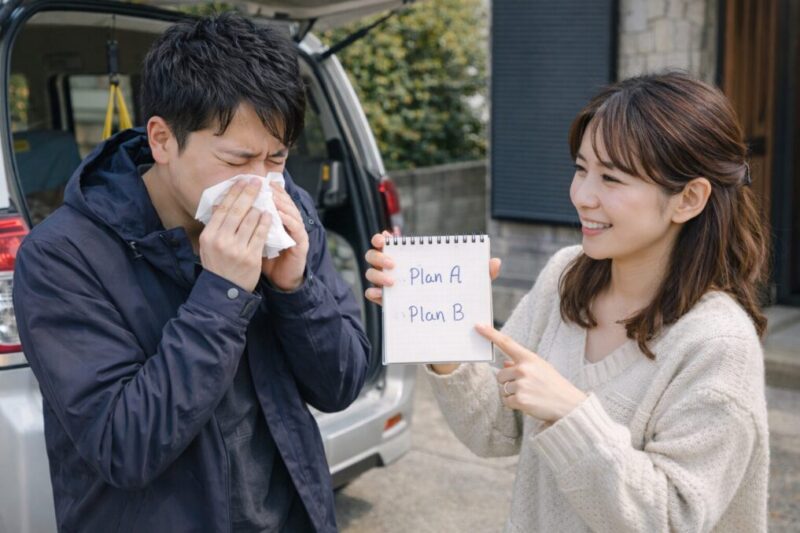 外出前に体調を気づかいながら予定を調整している二人のイメージ