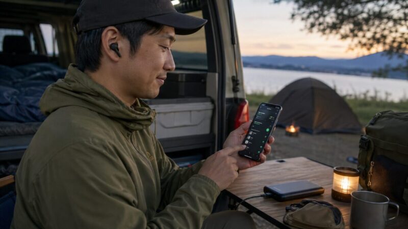 車中泊の準備中に、男性がスマホでダウンロード済み音楽の再生設定を確認している様子