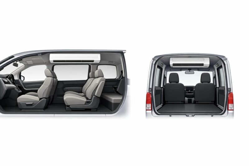 横長タイプの冷房機をミニバンと軽バンに置いたときの収まり方の違いを比較したイメージ図