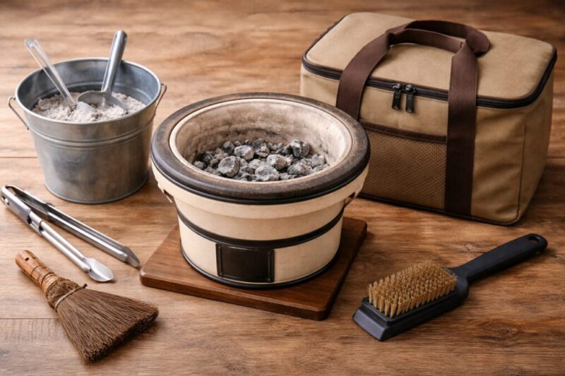 七輪の手入れと収納の基本を示すメンテナンスイメージ