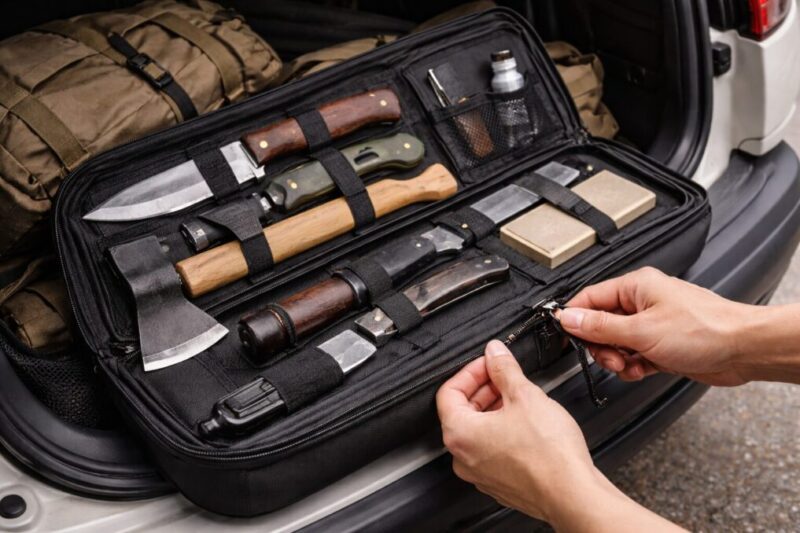 移動中に刃物をケースへ入れ、荷物の奥に収まるよう安全に収納しているイメージ