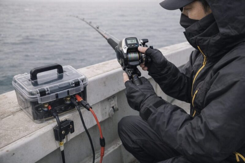 電動リールのカウンターを確認しながら基本操作を覚える手元イメージ