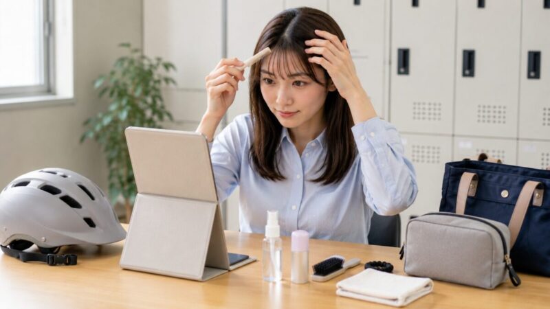 通勤先でミニコームと携帯ヘアケア用品を使って髪型を整える女性
