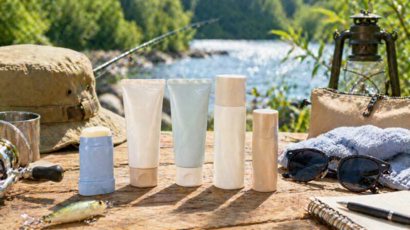 湖畔の外遊び前にボディ用の日焼け止めや帽子、サングラスを準備するイメージ