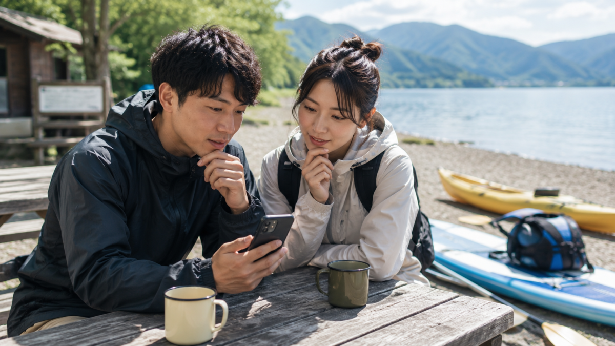アソビューの口コミや評判をスマートフォンで確認しながら外遊びを検討する男女