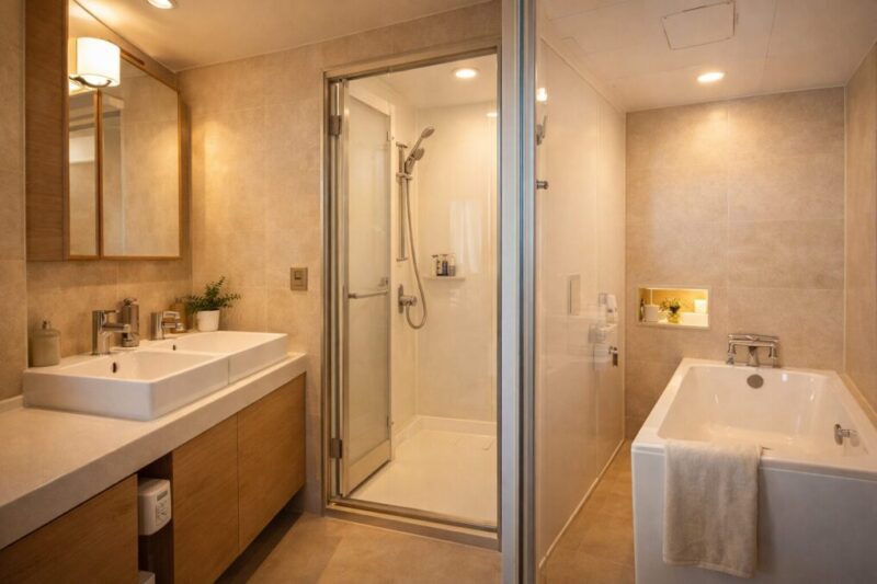 風呂付きとシャワー付きの違いが伝わるグランピング客室の水回り