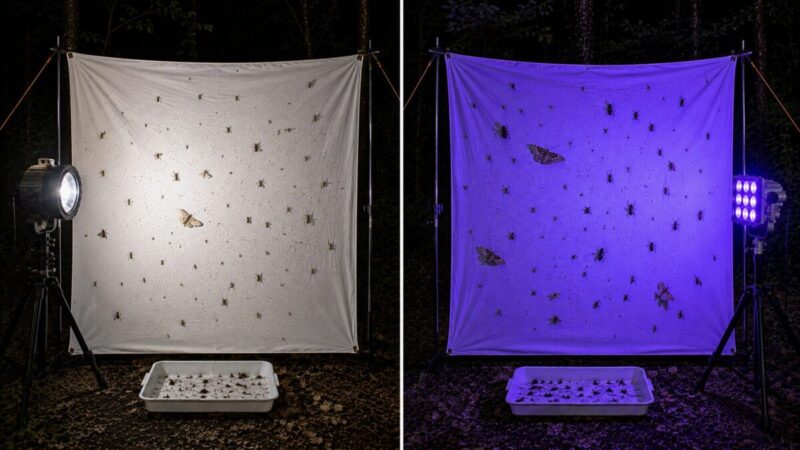 白色LEDと紫外線LEDを別々の白布へ照射し、集まる蛾や甲虫の傾向を比較したライトトラップ