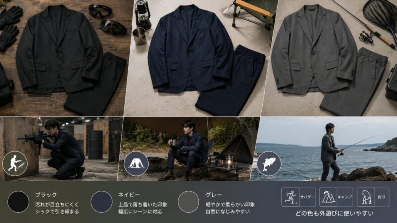 ワークマン系のスーツ風セットアップを外遊び向けに比較している画像